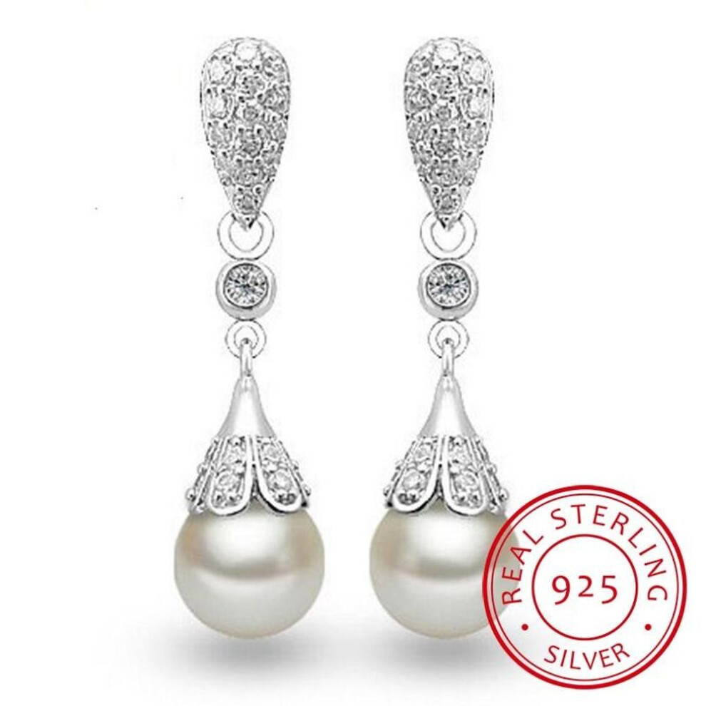 (as the picture) 925 Sterling Silver Pearl Jewelry Natural Freshwater Pearl Drop Earrings For Women Silver Wedding Dangle Earring