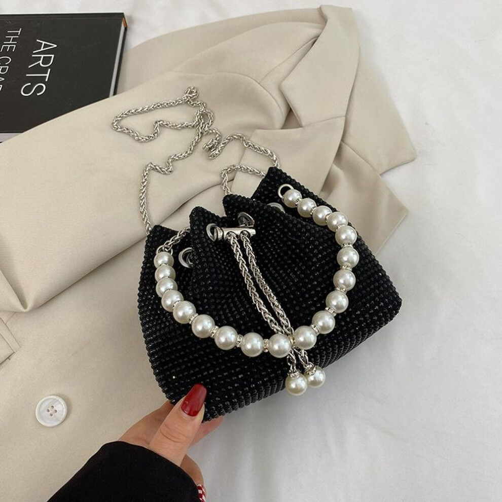 (black, one size) Pearl Handbag, Women&apos;s Fashionable Bright Diamond Shoulder Bag, Net Red, Foreign Style Chain, Cross Body Bucket Bag