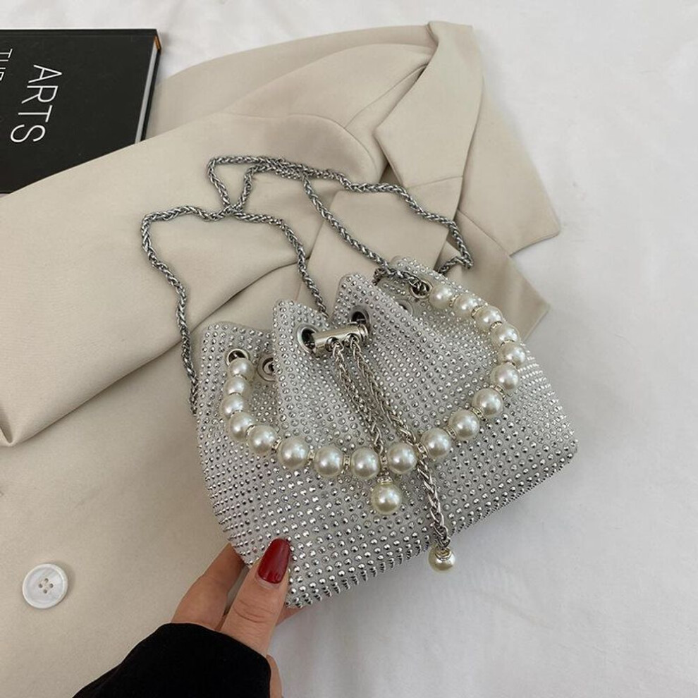 (white, one size) Pearl Handbag, Women&apos;s Fashionable Bright Diamond Shoulder Bag, Net Red, Foreign Style Chain, Cross Body Bucket Bag