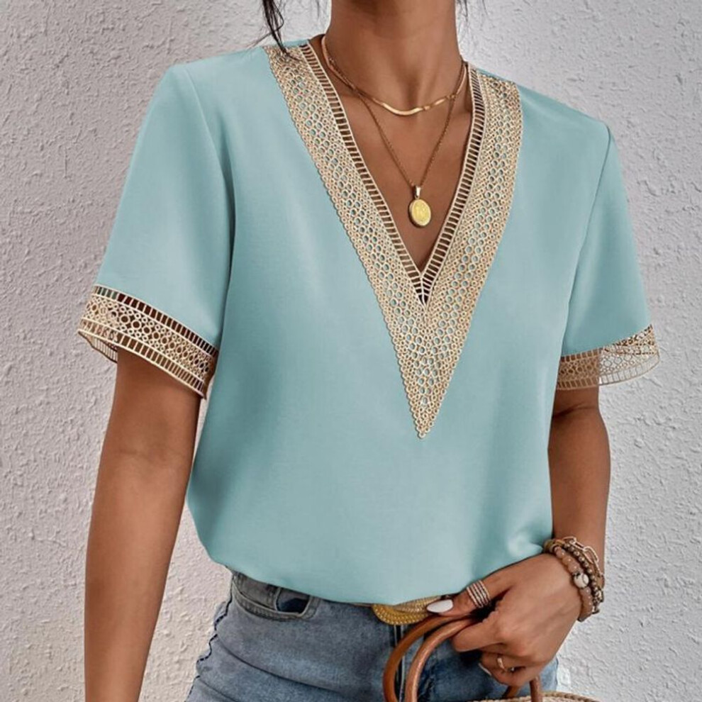 (light blue, M) Summer Women's T-shirt V-neck Lace Loose Tops Temperament Commuter Short-sleeved Shirt