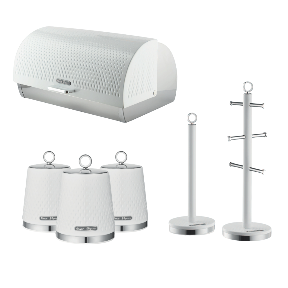 Swan Elegance White Bread Bin Canisters Mug Tree Pole Kitchen Set