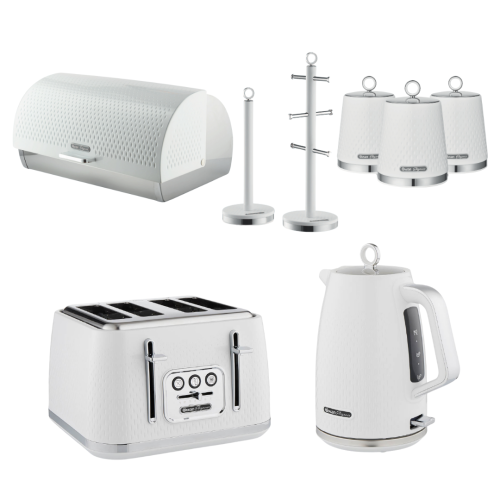 Swan Swan Elegance White Kettle 4 Slice Toaster Bread Bin Canisters Mug Set