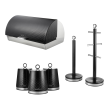 Swan Elegance Black Bread Bin Canisters Towel Pole Mug Tree Set