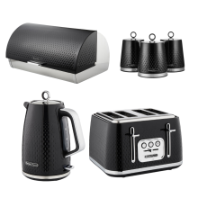 Swan Elegance Black Kettle, 4 Slice Toaster, Bread Bin Canisters Set