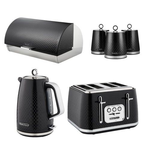 Swan Swan Elegance Black Kettle, 4 Slice Toaster, Bread Bin Canisters Set