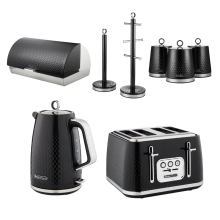 Swan Elegance Black Kettle 4 Slice Toaster Bread Bin Canister Tree Set