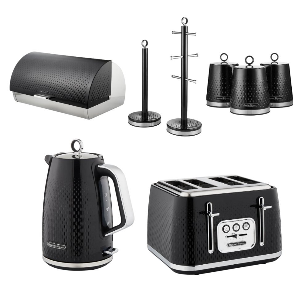 Swan Elegance Kettle 4 Slice Toaster Bread Bin Canister Tree Set Black