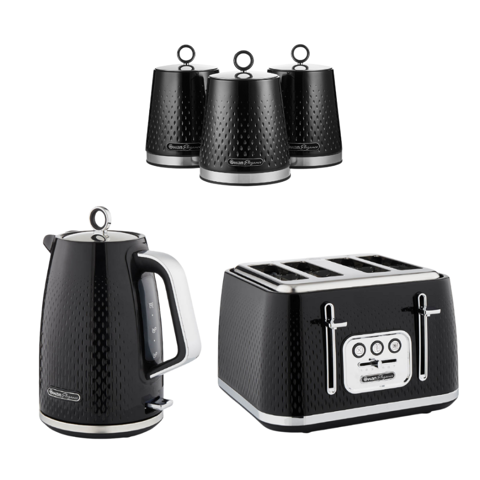 Swan Elegance Kettle, 4 Slice Toaster & Canisters Kitchen Set (Black)-image-OPC-PFYX7RK-NEW