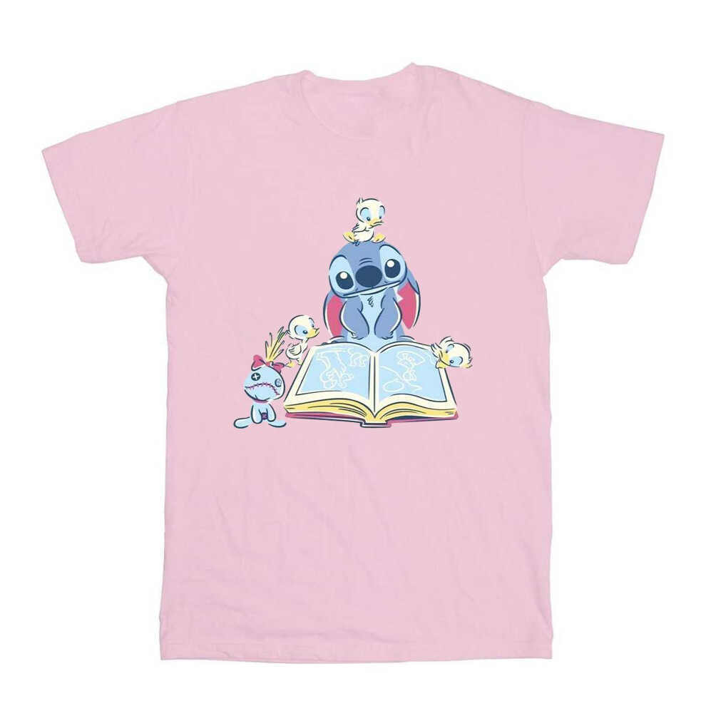 (12-13 Years, Baby Pink) Disney Girls Lilo & Stitch Reading A Book Cotton T-Shirt