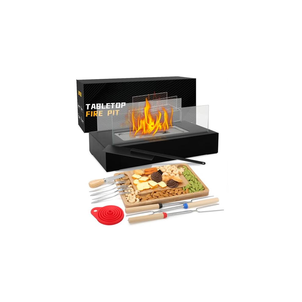 Table Top Fire Pit with Maker Kit,Portable Bioethanol Fireplace Indoor Outdoor, Rectangular Tabletop Fire Bowl Pot with Two-Sided Glass for Table Top
