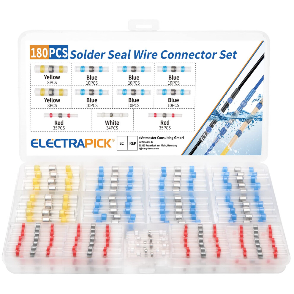Solder Seal Wire Connectors, 180 Pcs Waterproof Heat Shrink Butt Connectors, Electrical Wire Terminals, Marine Insulated Butt Splices 730718296241