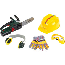 8575 Bosch Chainsaw with Accessories I Battery-Powered Saw with Sound and Light Functions I Includes Work Gloves, Ear Protectors, Safety Goggles and