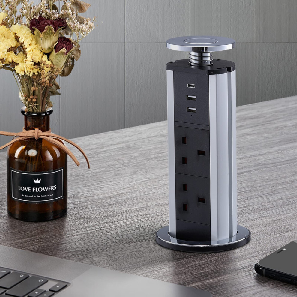 Pop Up Plug Socket With Usb C And 2 Usb Charging Ports 3 Plug Extension Desk Power For Kitchen Worktops Home Office - Silver 6972354655295
