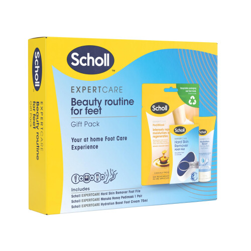 Scholl Beauty Routine Bundle - Manuka Honey Foot Mask Socks - ExpertCare Foot File for Hard Skin & ExpertCare Hydration Boost Daily Moisturiser Foot Cream