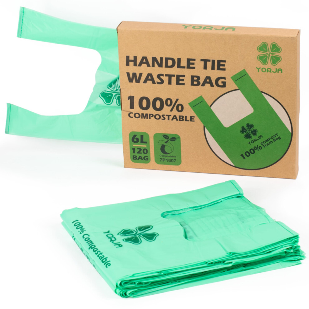 6L Tie Handles Compost Caddy Liners 120 Bags, 100% Biodegradable Kitchen Bin Bags, Compostable Food Waste Bags with Europe EN13432 & ASTM D6400