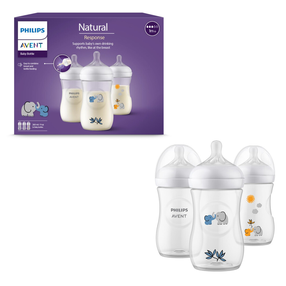 Avent Natural Response Baby Gift Set, 3 Natural Response Baby Bottles 260 ml with T3 (1 m+ Teats), SCY903/63