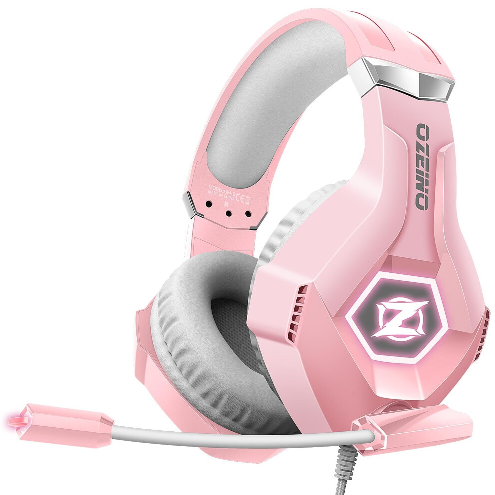Ozeino Gaming Headset With Microphone 3D Surround Sound Headset With Noise Cancelling Rgb Lights Pink