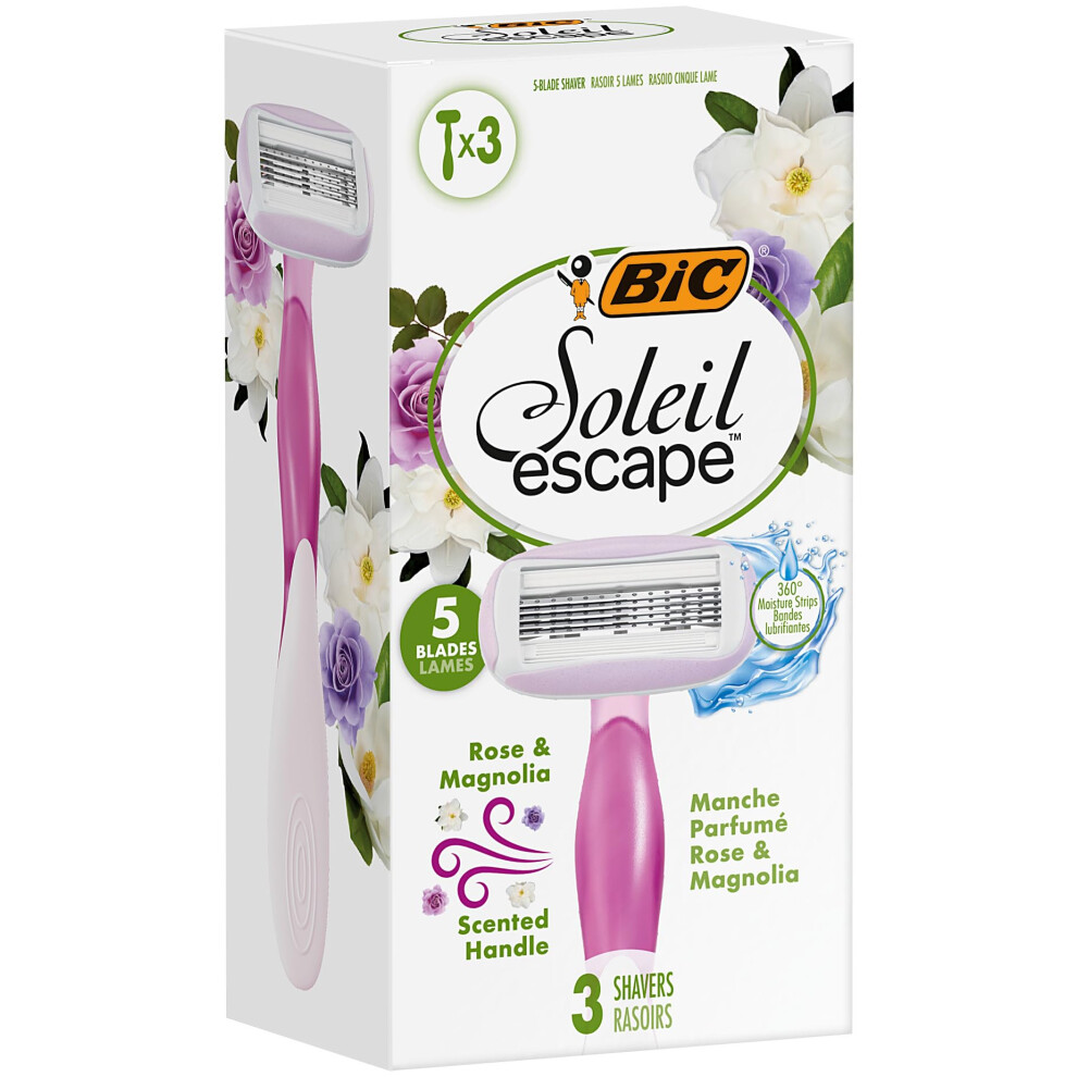 Soleil Escape 5 Blade Womens Disposable Razor Pack Of 3 With Rose And Magnolia Scented Moisturizing Strip