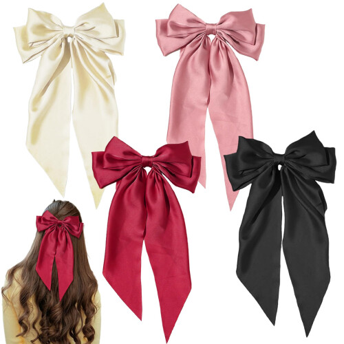 4 Pcs Big Bow Hair Clips Set, Hair Bow with Long Silky Satin, Solid Color Large Bowknot Hairpin, Simple Accessories for Women Girls