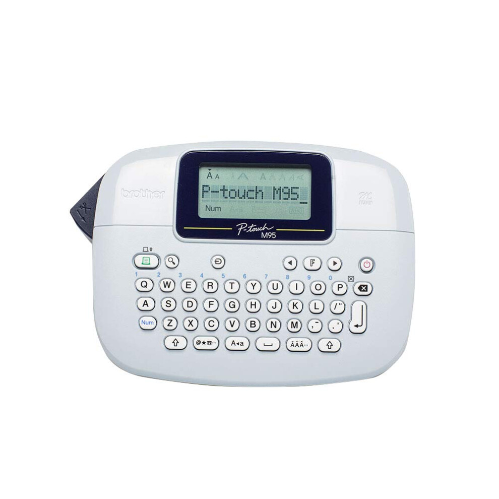 PT-M95 Label Maker, P-Touch Label Printer, Handheld, QWERTY Keyboard, Up To 12mm Labels, Includes 12mm Black On White Tape Cassette