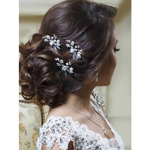 Wedding Flower Hair Pins Pearl Bride Headpiece Bridal Crystal Hair Pieces Accessories for Women, 3 Pcs (Gold)