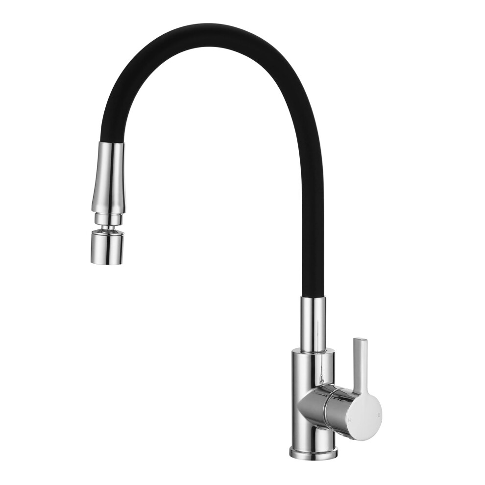 Flexible Kitchen Sink Mixer Tap Single Lever Pull Down Dual Spray Mode 1 Hole Faucet Taps Mixers 360 Swivel Matte Black Silicon Hose Chrome