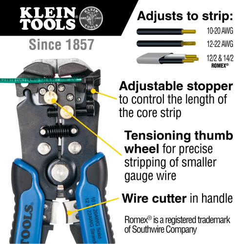 Self-Adjusting Wire Stripper and Cutter, 10-20 AWG Klein Tools 11061, Blue/Silver 1