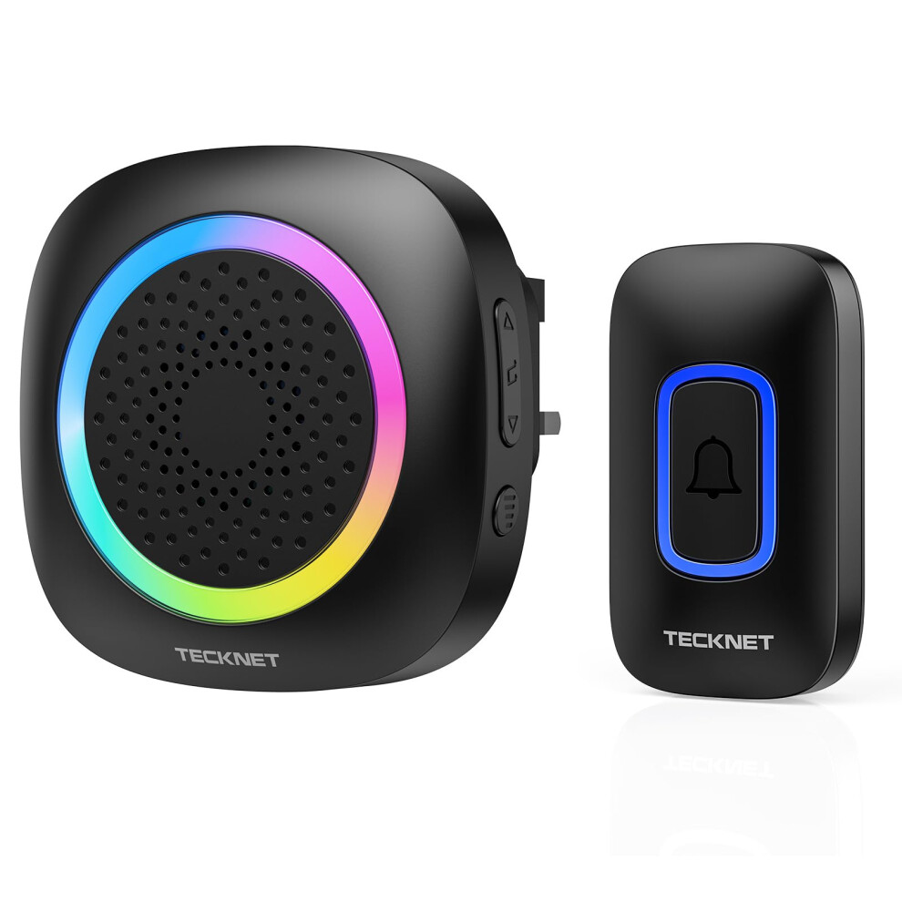 Wireless Doorbell, Plug in Doorbell with RGB Light, IP66 Waterproof Portable Cordless Battery Powered Door Chime Kit, 400M Wireless Range, 60 Chimes &