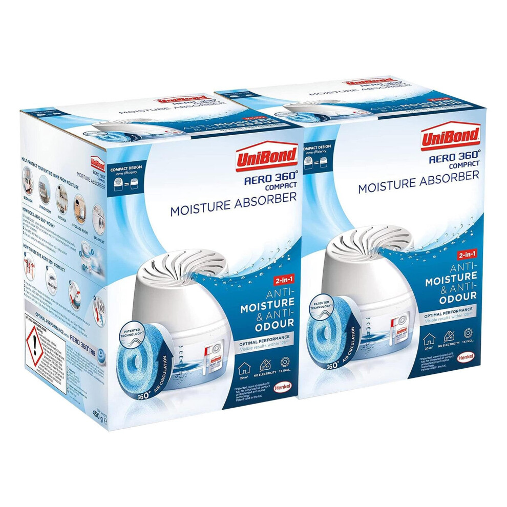 AERO 360 Compact Moisture Absorber Ultra-Absorbent Dehumidifier Helps to Prevent Condensation Mould and Musty Smells, 1 Device incl. 1 Refill Tab 450g
