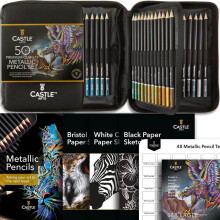 48 Metallic Coloured Pencils Set with Extras | Quality Wax Cores with Shimmering Shades for Professional, Adult Artists, Colourists | In Strong