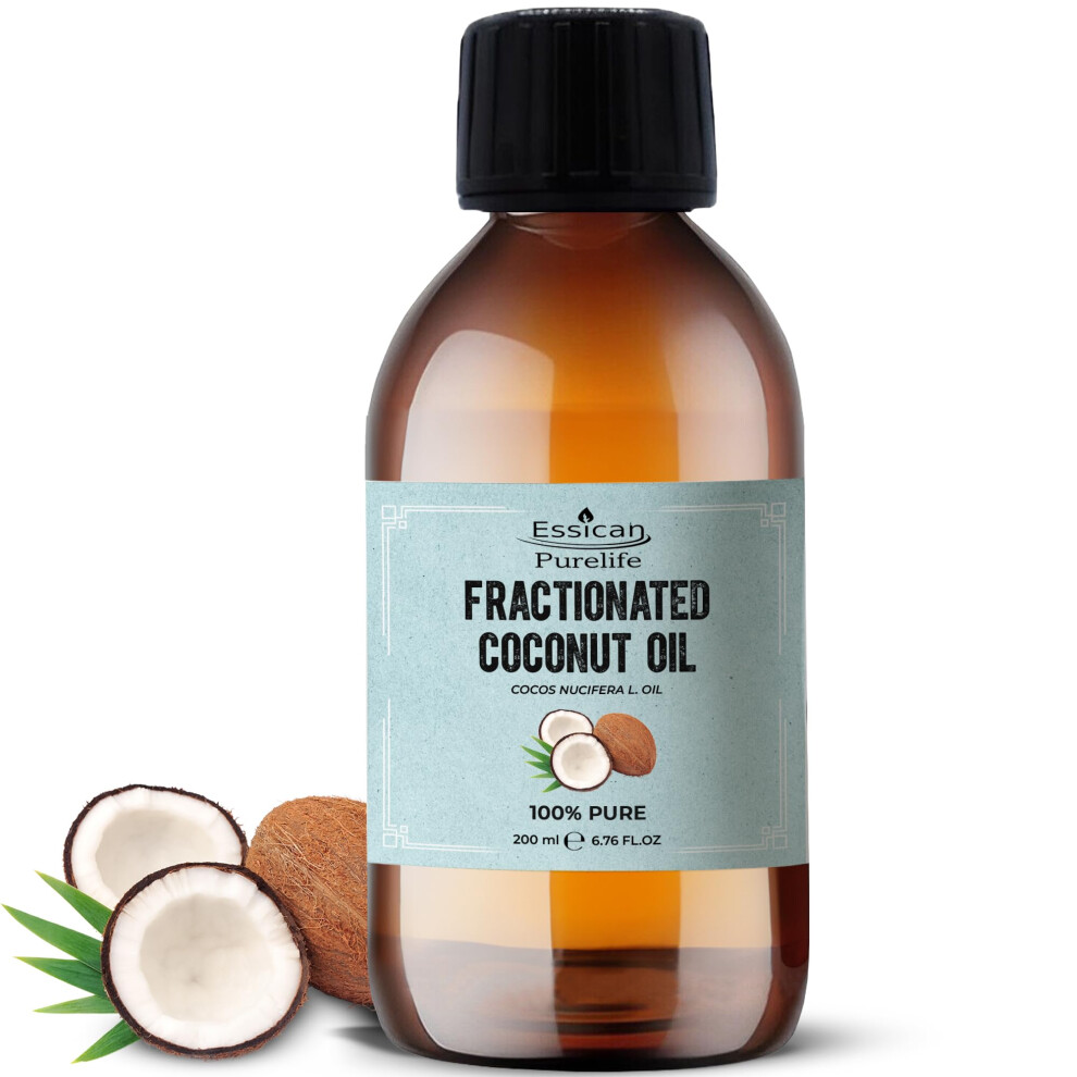Essican Purelife Fractionated Coconut Oil 200Ml, Coconut Oil Liquid For Essential Oil, Pure Coconut Oil For Skin, Use For Hair & Lip Gloss, Pure Coconut Oil For Hair
