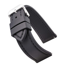 Soft and smooth sporty stitched silicone waterproof watch band with quick release - Soft rubber black watch strap 22mm - black stitching
