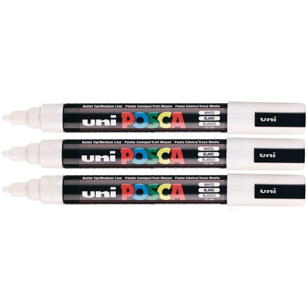 Posca PC-5M White Colour Paint Marker Pens 2.5mm Medium Bullet Tip Nib Writes On Any Surface Glass Metal Wood Plastic Fabric (Pack Of 3)