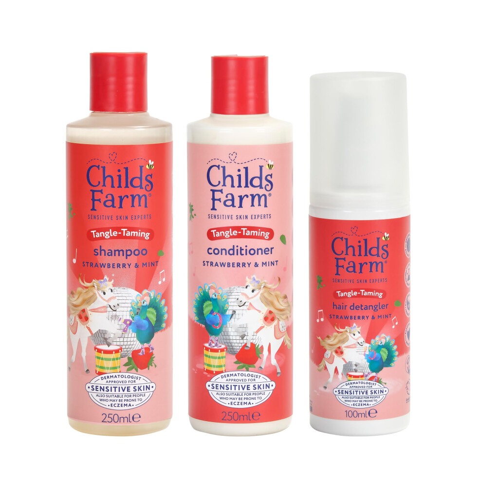 Kids Tangle Taming Hair Regime Bundle | Tear Free Strawberry & Organic Mint Shampoo (250ml), Conditioner (250ml) And Hair Detangler Spray (100ml)