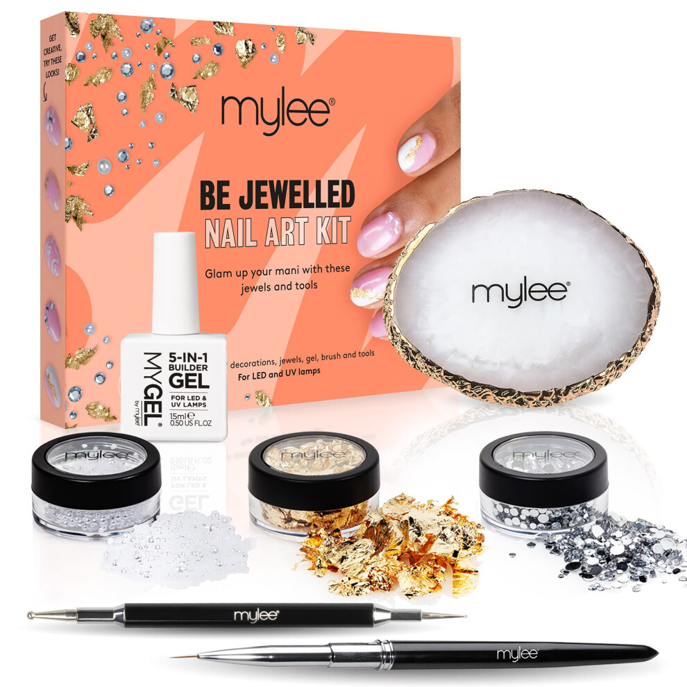 Be Jewelled Nail Art Kit, Clear Builder Gel, Dotting Tool, Nail Art Brush, Mixing Palette, Assorted Pearls, Assorted Gems, Gold Leaf, For Use on