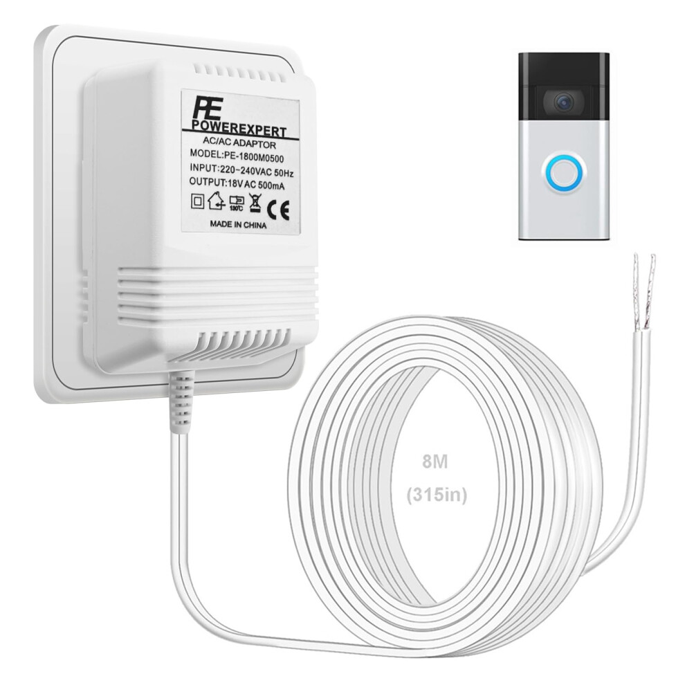 Doorbell Transformer 18V 500mA Video Doorbell Power Adapter, Ring Doorbell Plug in Adapter UK Ring Power Supply with 8M Extension Cable for