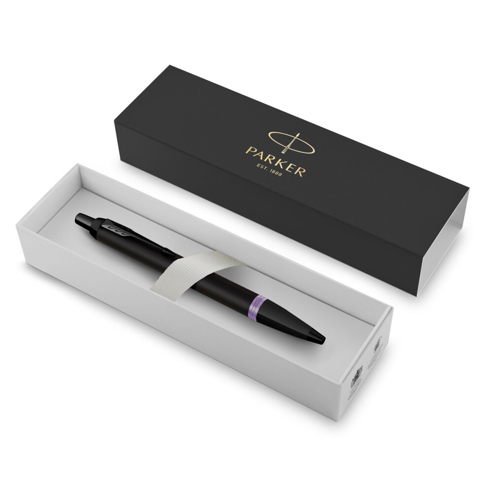 IM Premium Ballpoint Pen | Matte Black With Amethyst Purple Ring | Black Ink | Gift Boxed