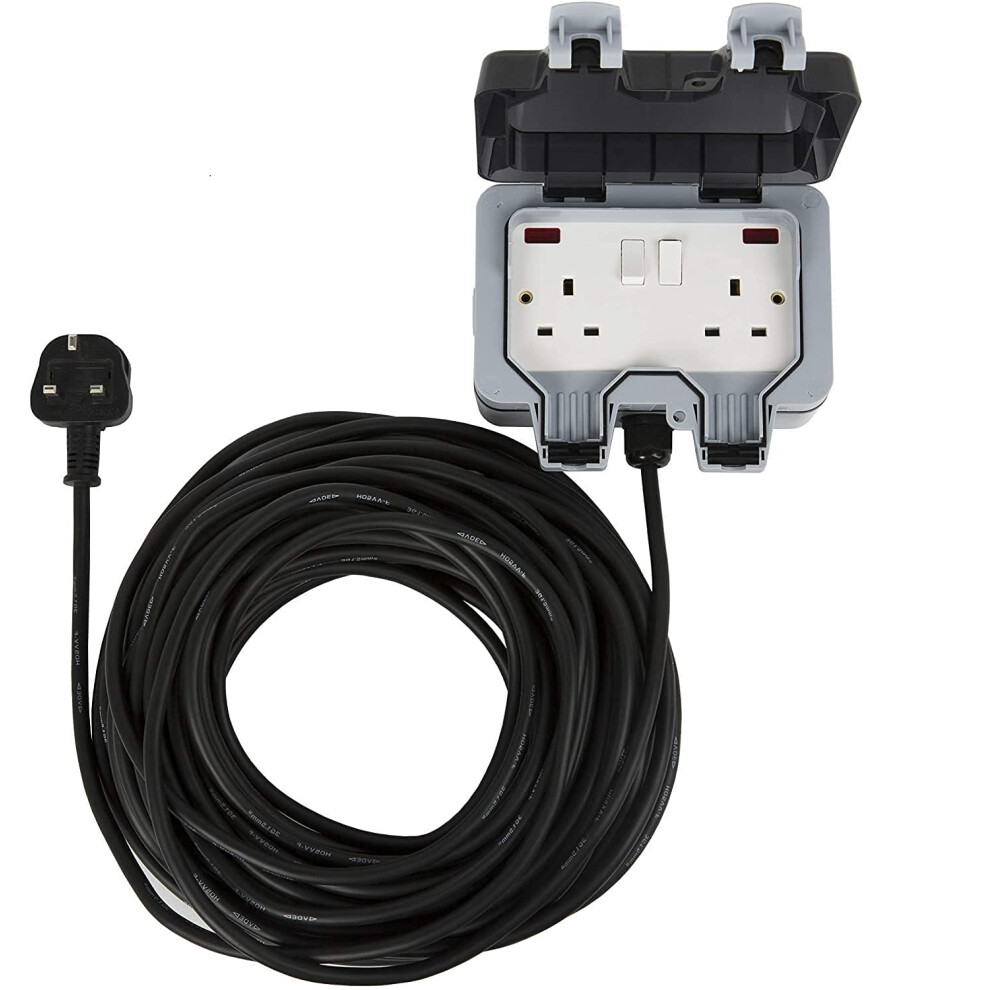 10M 2 Gang IP66 Waterproof Outdoor 2 Way Extension Lead Socket with Switch Indicator Light Black