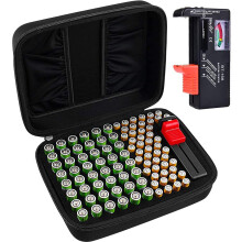 Battery Organizer Storage Box Case Holder for 48 x AA, 48 x AAA Total 96 Batteries with Battery Tester, Extra 2 Pockets for Other Accessories