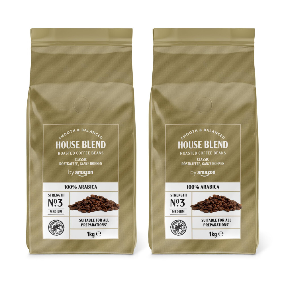By Amazon House Blend Coffee Beans, Medium Roast, 2Kg (2 Packs Of 1Kg), Rainforest Alliance Certified