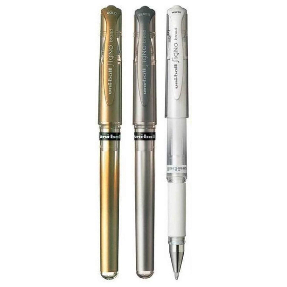 Uni Ball Assorted Colour Pack Signo Pen Broad Metallic Gel Ink Rollerball Metal 1mm Tip Nib 0.65mm Line Width With Rubber Grip UM-153 1 Of Each Colour
