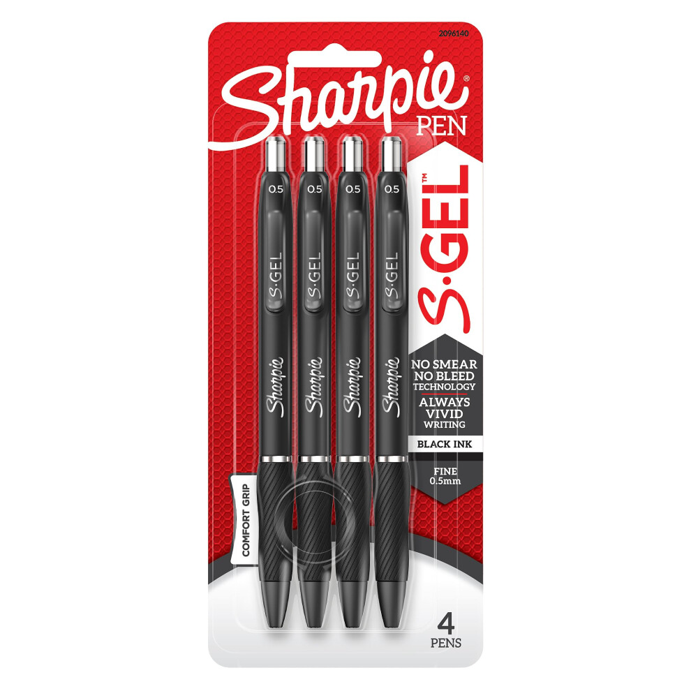 S-Gel Pens | Fine Point 0.5mm | Black Ink | Pack Of 4 | Retractable Gel Pens | Comfort Grip