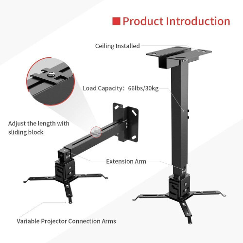 Projector Ceiling Mount, Universal Vaulted Bracket with Adjustable Extension Pole to 26.7" for LCD DLP Projector 1