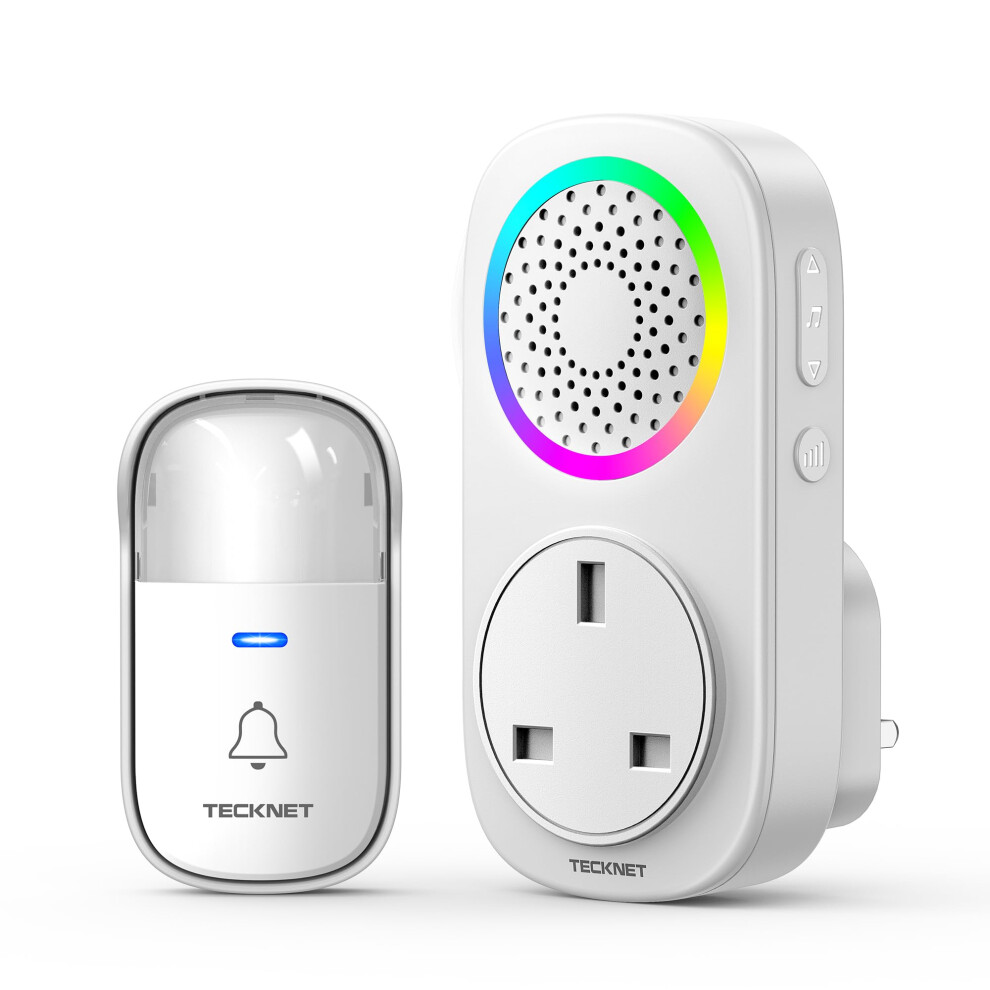 Wireless Doorbell, Self Powered Door Bell IP65 Waterproof, Plug Through Doorbell Chime Kits with RGB Light, 60 Chimes & 5 Volume Levels, Cordless Door