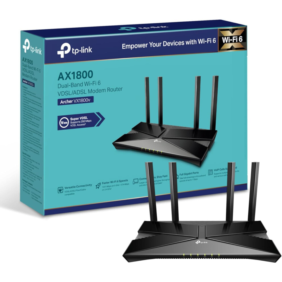 AX1800 Dual-Band Wi-Fi 6 Gigabit VDSL/ADSL Modem Router, 1201 Mbps/5 GHz, 574 Mbps/2.4 GHz, 1 USB 2.0，22MU-MIMO, VoIP Support, TP-Link Tether