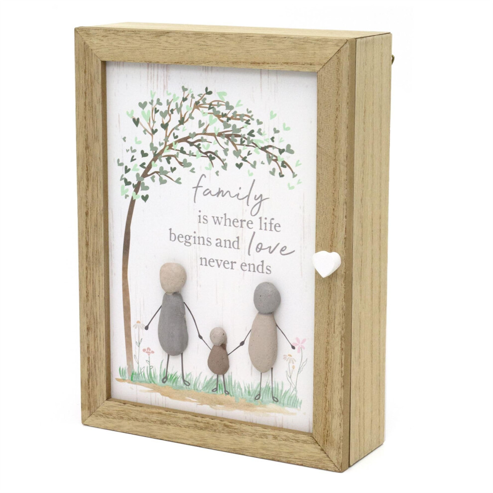 Pebble Family Key Box | Shabby Chic Wooden Family Tree Key Cabinet | Wall Mounted Key Cupboard With 6 Key Hooks Key Holder - 19x26cm
