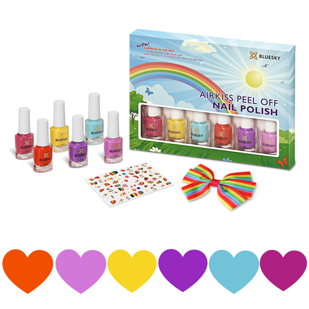 Kids Nail Varnish Set For Girls and Boys, Peel Off Non Toxic Water Based, 6 Colours, Hair Bow & Nail Stickers for kids, Children's Nail Varnish Set,