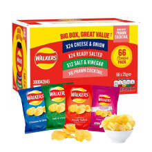 Giant Crisps Multipack Snack Box - Pack of 66 x 25g Assorted Classic Walkers Crisps Bulk Buy. Multipack Crisps Potato Snacks with Topline Card for