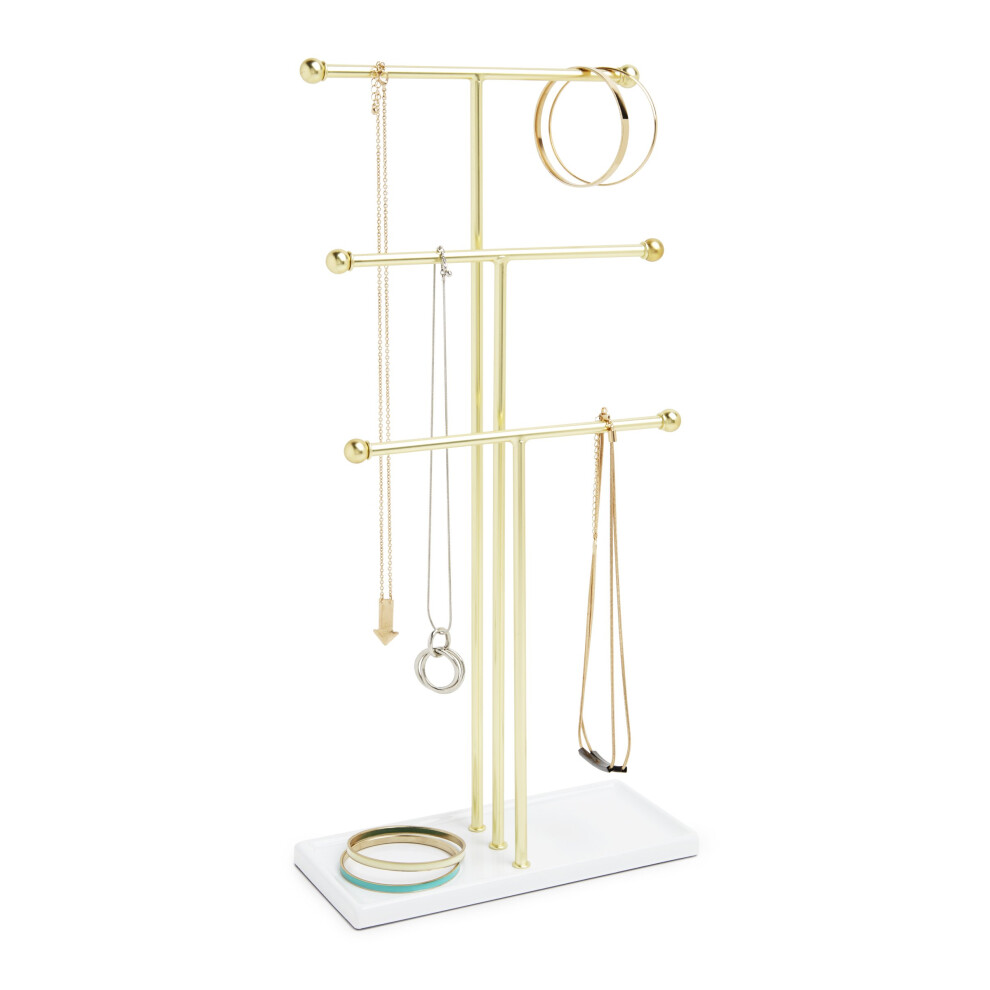 Trigem Hanging Jewelry Organizer – 3 Tier Table Top Necklace Holder, Jewelry Box and Jewelry Display with Jewelry Tray Base, White/Brass