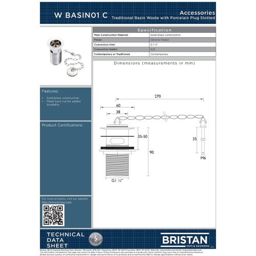 Bristan WBASIN01C Traditional Basin Waste with Porcelain Plug for Basins with Overflow 1